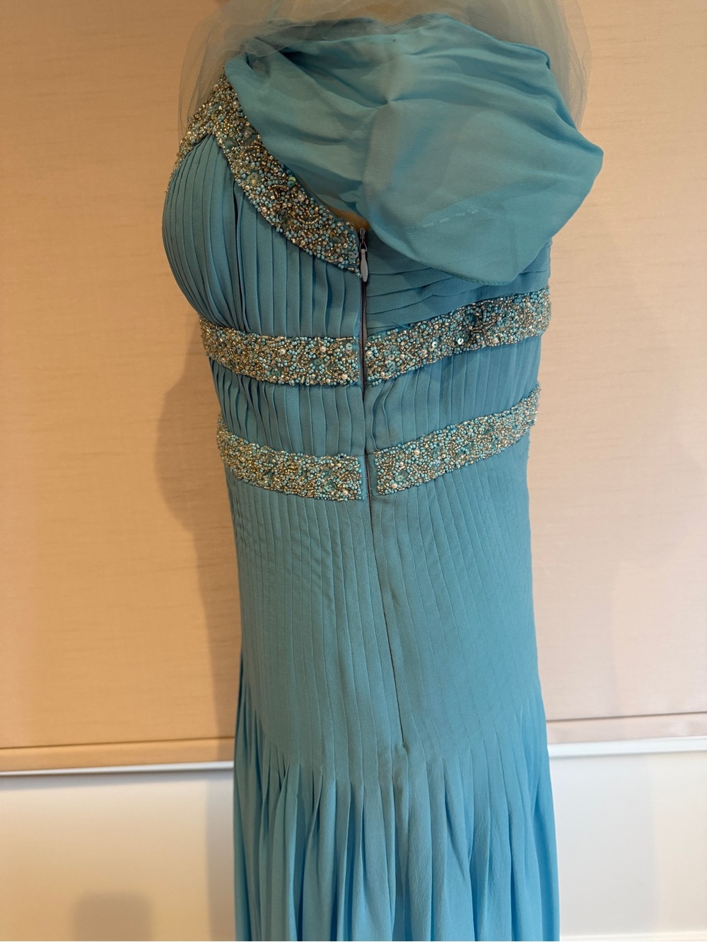 Ice Blue or aqua blue  Beaded Chiffon Evening  flowy Gown formal wear . - Picture 6 of 10